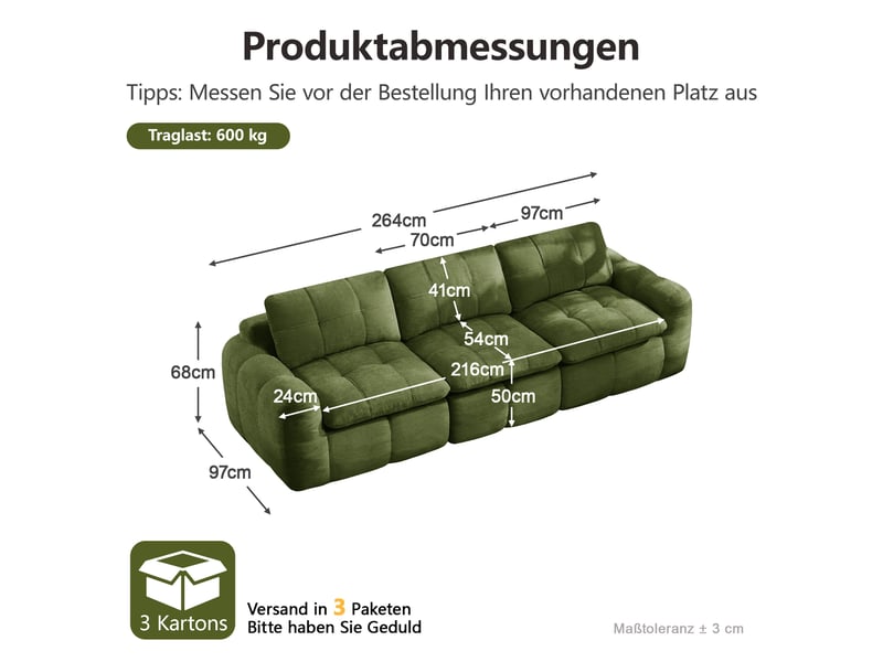  Canapé 3 places - 264 x 97 x 68 cm - canapé modulable en chenille avec assise profonde et coussins - vert  - Conforama E