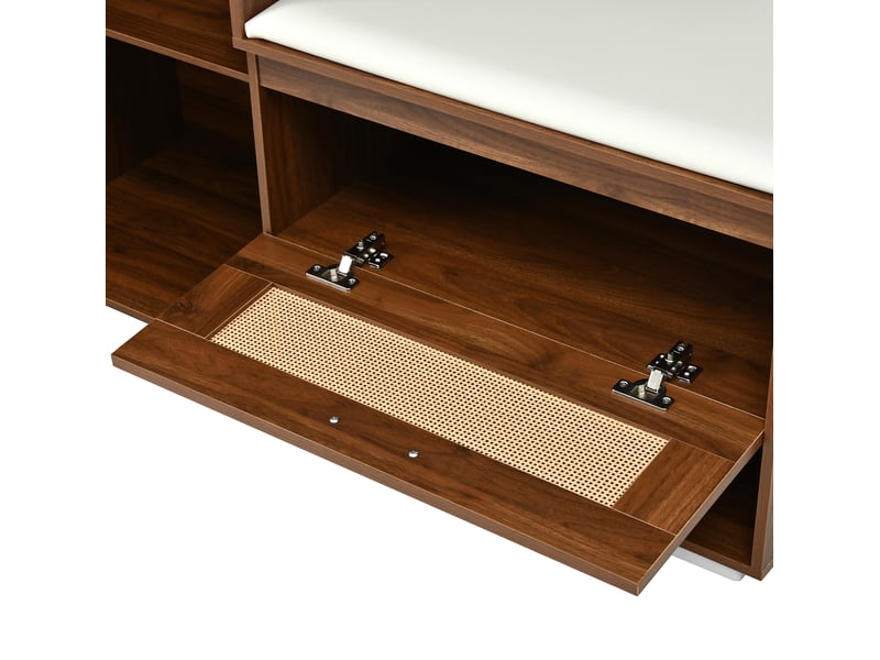  Meuble d'entrée avec miroir, 3 portes, banc, 6 crochets et led 16 couleurs pour couloir, noyer, 110 × 38 × 190 cm  - Conforama E