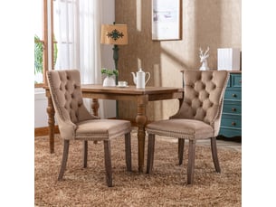 Lot de 2 chaises de salle à manger en velours kaki, dossier haut capitonné, clous décoratifs, pieds en bois massif, style français élégant