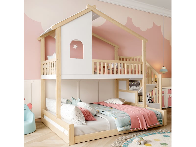  Modenvie lit superposé 90x200 cm + 140x200 cm - cabane avec fenêtre, échelle de rangement - naturel  - Conforama D