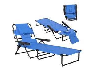 Chaise longue de jardin pliante avec dossier réglable, coussin et ouverture pour le visage, bleu foncé