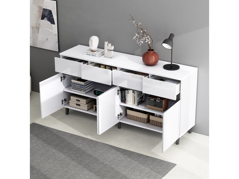 Buffet blanc brillant 4 tiroirs et 2 portes, étagères réglables, pieds noirs, meuble moderne 160 x 40 x 68 cm - Conforama D