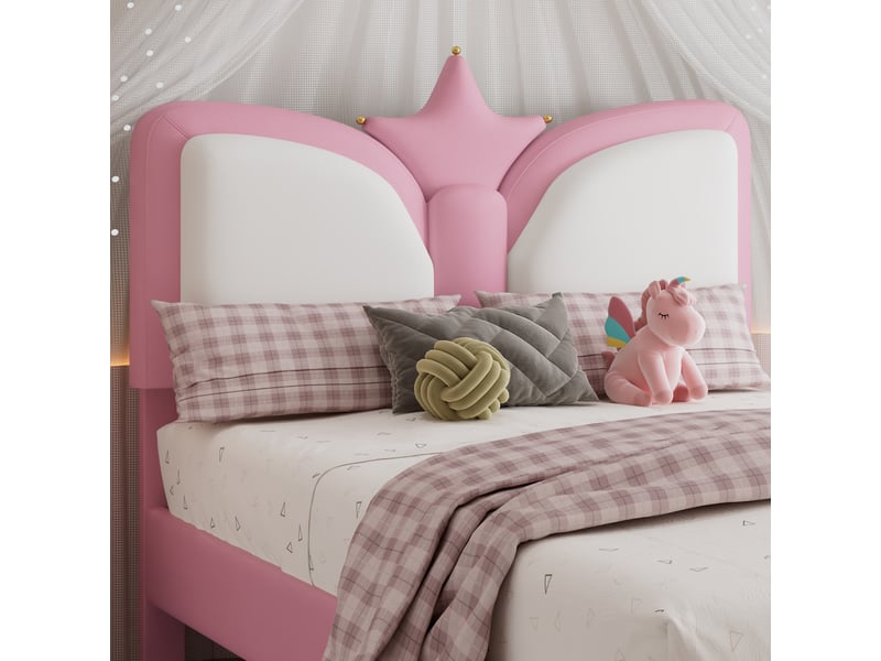  Lit enfant fille rembourré 90x200cm - tête de lit en forme de couronne - bord en mousse anti-collision - rose+blanc 208x95.5x104cm - Conforama R