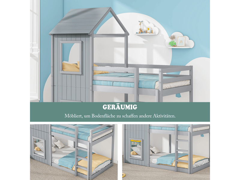  Lit cabane enfant 90 × 200 cm 1 place avec barrière de sécurité et baldaquin, sans matelas, en pin gris  - Conforama C