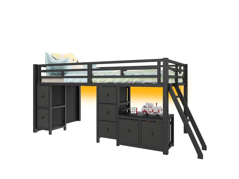 Lit mezzanine bas 90x200 cm noir, avec 7 tiroirs, rangements, led 7 couleurs, structure métal, sommier inclus, sans matelas - Conforama A