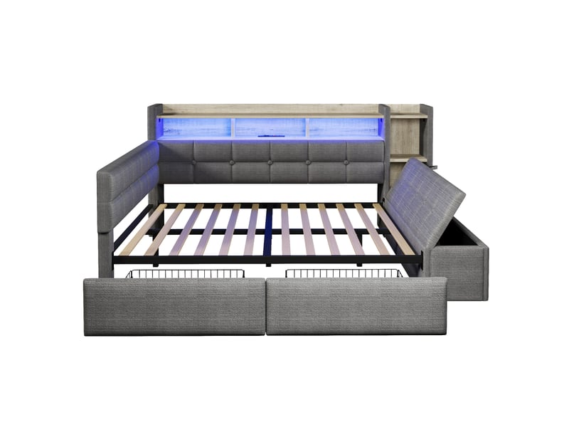  Lit de jour convertible, 140 × 190 cm, avec deux tiroirs, ports usb et type-c, compartiment de rangement, banquette de rangement au pied du lit, bande lumineuse led, sans matelas, velours, gris foncé  - Conforama D