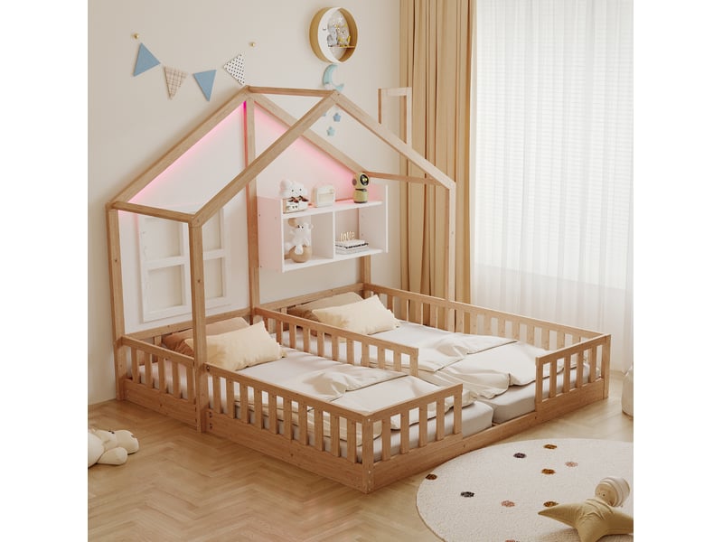  Modenvie lit enfant double 90x200 cm - avec led, avec rangement intégré, sans matelas - pour chambre d'enfant - naturel  - Conforama B