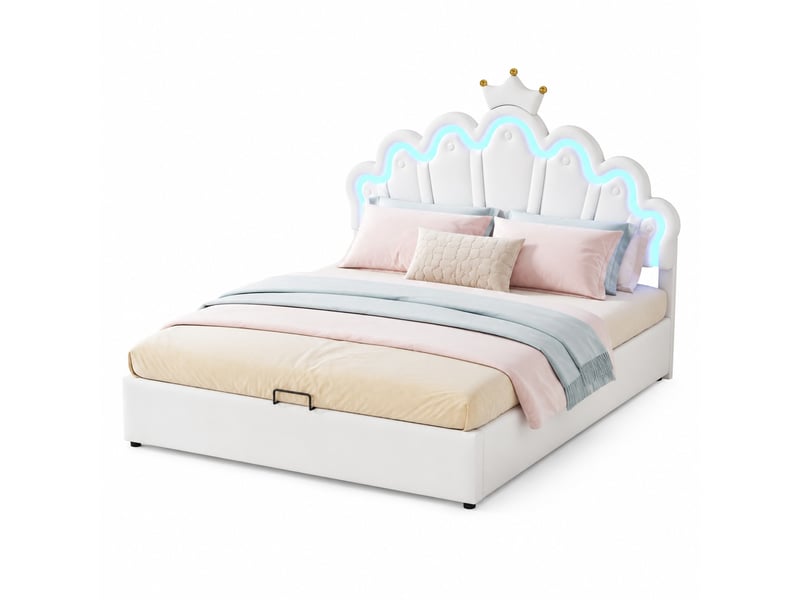  Lit coffre 140x200 cm avec éclairage réglable, mdf et polyuréthane (pu), blanc, sans matelas  - Conforama A