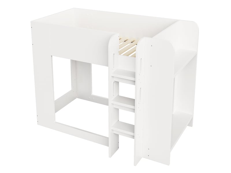  Lit superposé enfant 90x200 cm avec échelle et rangement latéral, blanc, sans matelas  - Conforama D