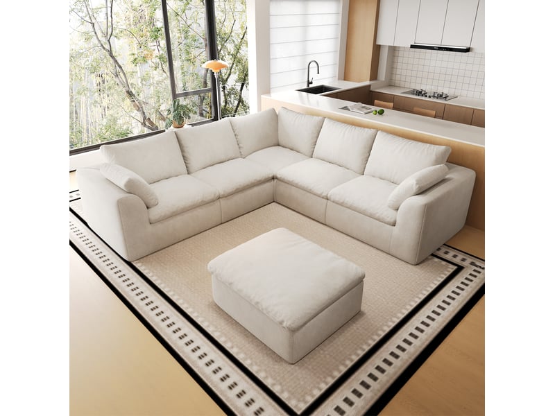  Canapé panoramique en v 6 places 245x245 cm en tissu beige blanc  - Conforama B
