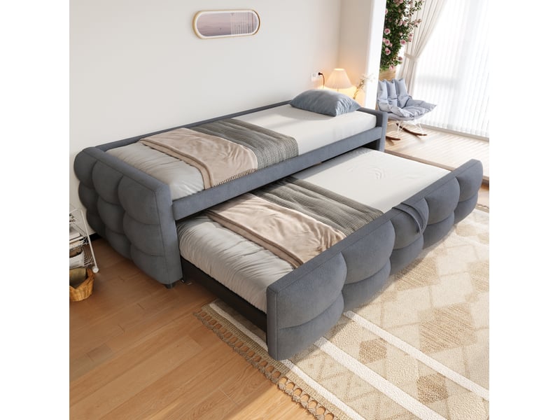  Lit gigogne 90x190 cm, lit enfant, lit 2 place, mobilier chambre, structure mdf métal, tissu teddy, gris, sans matelas  - Conforama B