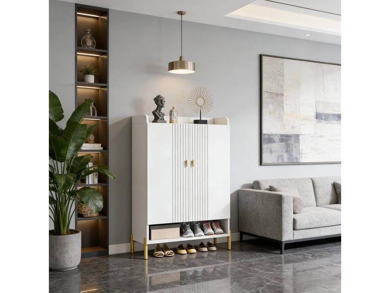  Meuble à chaussures avec 2 portes et étagères réglables pour 20 paires, entrée, blanc, 75 × 36,5 × 110 cm  - Conforama C