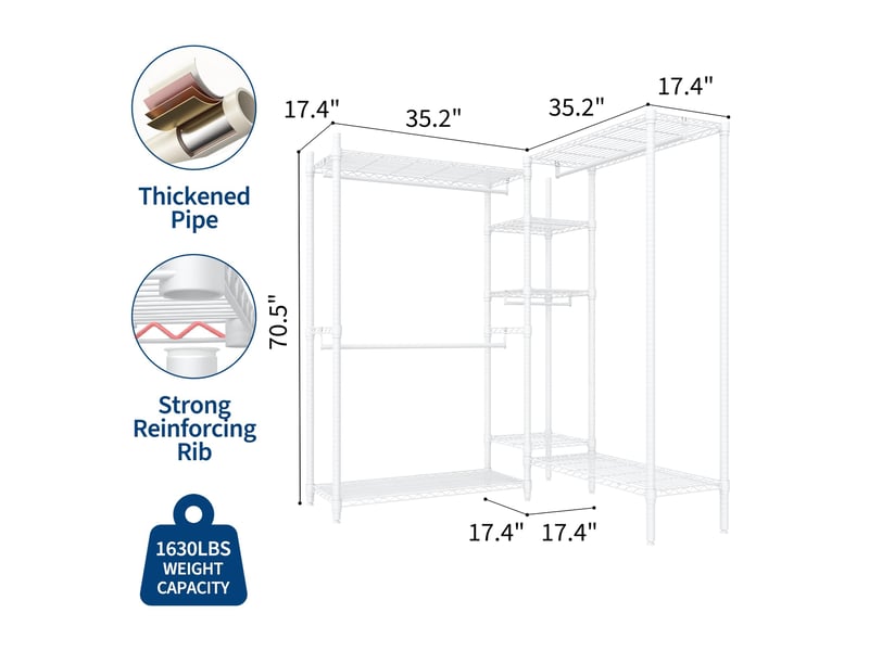  Portant à vêtements en métal robuste en l – 4 tringles &amp; 7 étagères réglables – coin de chambre, grand capacité  – (2x3x2 étages) PHK_36PBLPAP - Conforama D