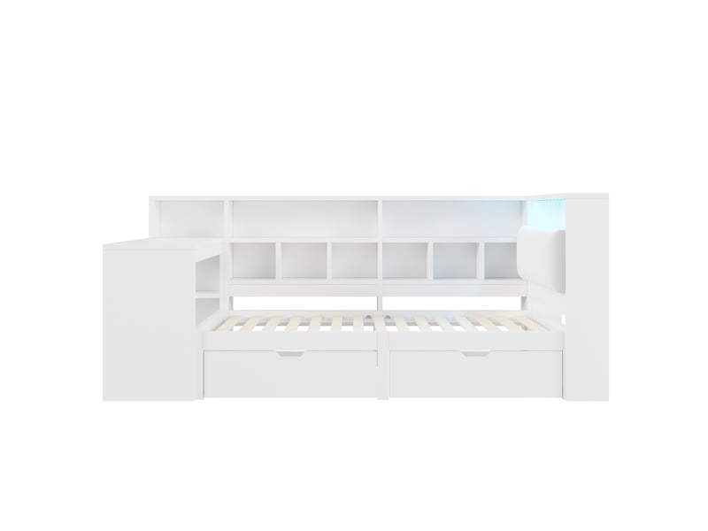Lit blanc en l 90x200 cm en bois, tête de lit rembourrée, bureau, bibliothèque, tiroirs sous le couchage et éclairage led - Conforama E