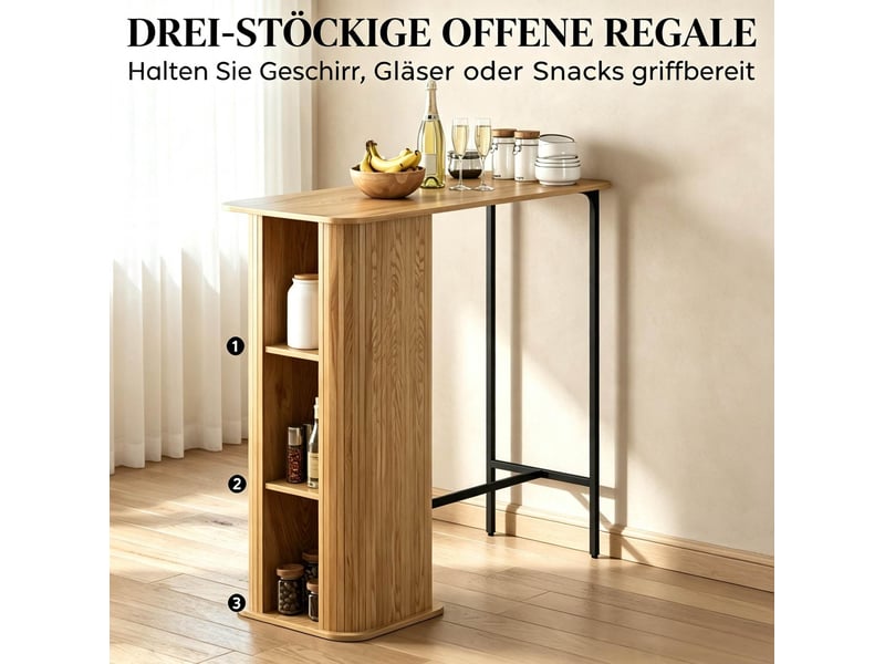 Table de bar avec prises, 3 niches de rangement, pieds métal réglables, bois clair et noir, style scandinave - Conforama D