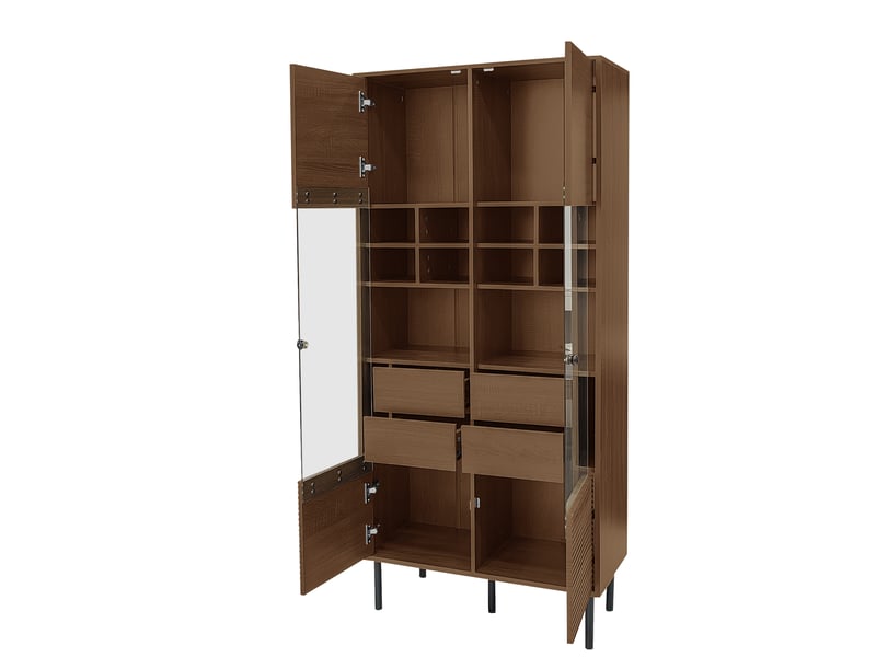  Vitrine avec porte vitrée, 4 tiroirs cachés et étagères, pieds métal pour salon ou salle de bain en mdf noyer  - Conforama A