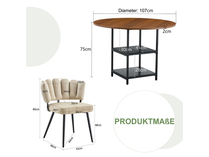  Ensemble table ronde et 4 chaises, table à manger 107 cm avec double rangement, sièges noirs rembourrés, style industriel  - Conforama E