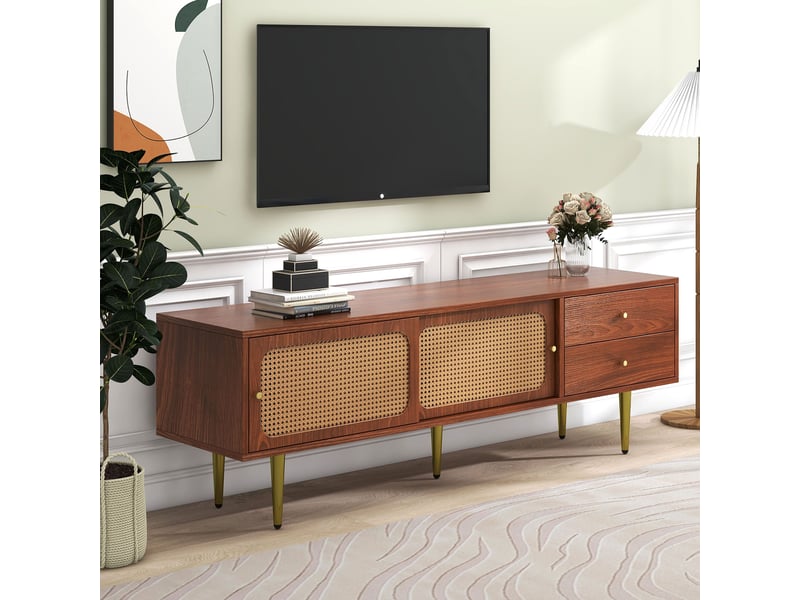  Meuble tv - noyer 160cm - portes coulissantes en rotin - gestion câbles intégrée - pieds métal 25cm  - Conforama R