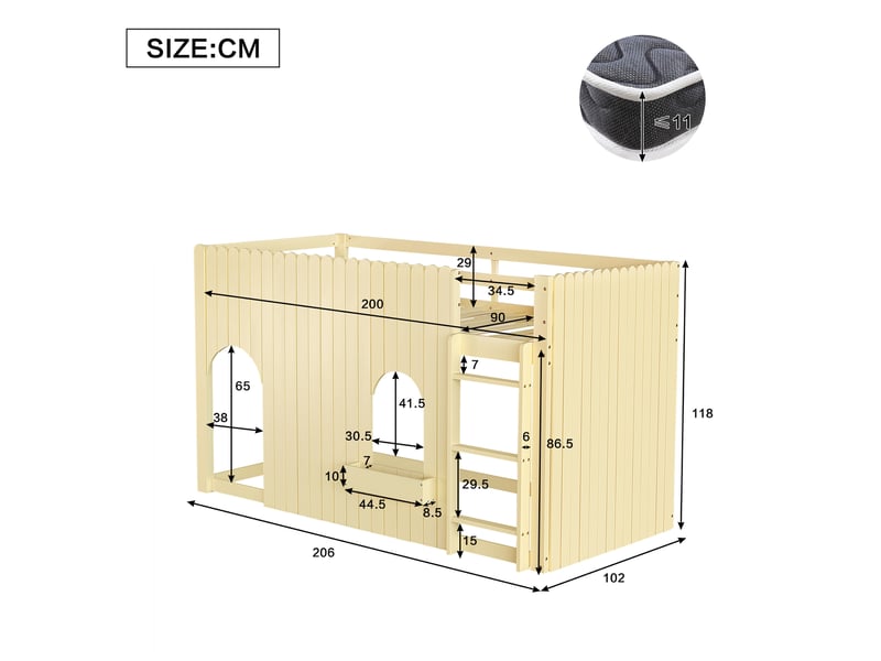  Lit mezzanine enfant simple 90x200 cm, led et échelle 3 marches, style contemporain, bois et mdf, naturel sans matelas  - Conforama C