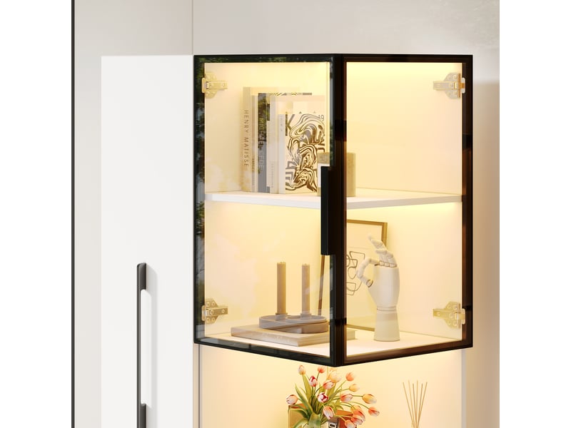  Vitrine en verre blanc, vitrine 70x38x160 cm en mdf, meuble vitrine avec éclairage led et étagère coulissante pour salon  - Conforama E