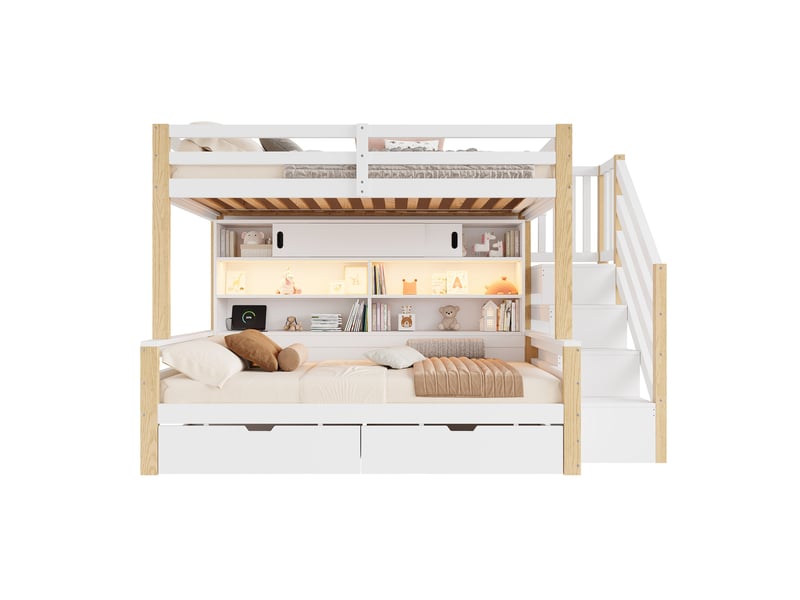  Lit superposé enfant 90x200 cm avec escalier de rangement blanc et naturel  - Conforama E