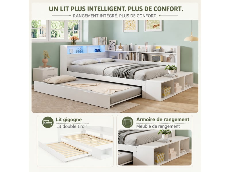  Lit gigogne blanc 120 x 200 cm avec rangements, led et banquette  - Conforama D
