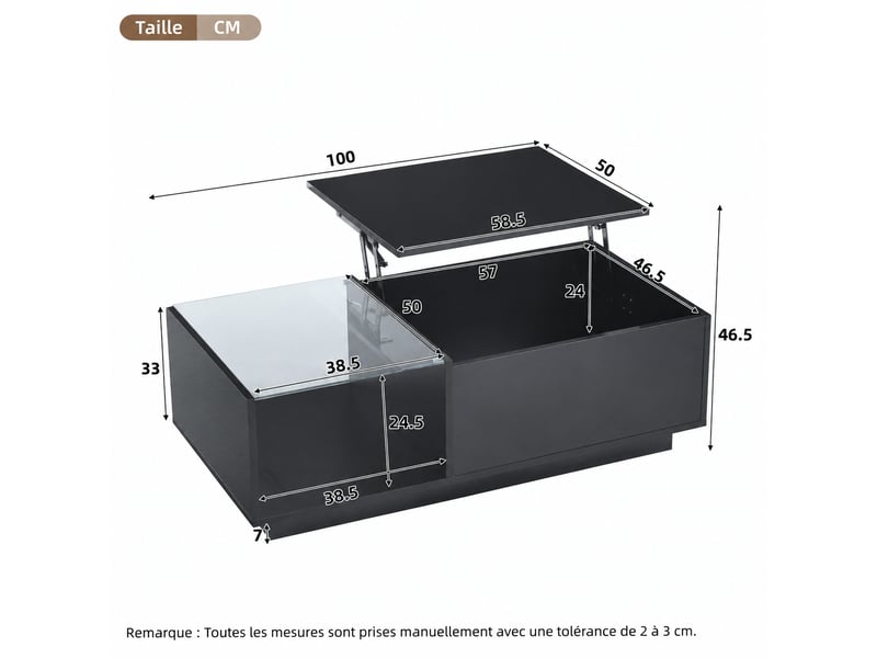  Table basse relevable led noire avec rangement caché, 100 x 50 cm  - Conforama C