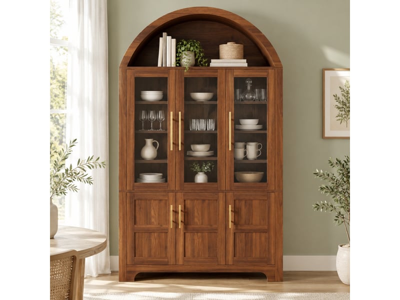  Buffet 110 x 40 x 185 cm niche supérieure en arche, 3 portes vitrées et 3 portes pleines, étagères réglables, poignées en aluminium, noyer  - Conforama B
