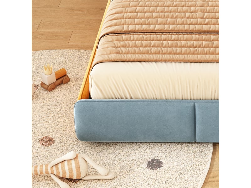  Lit simple 90x200 cm, tête rembourrée, protection latérale surélevée anti-chute, bois, multicolore, sans matelas  - Conforama E