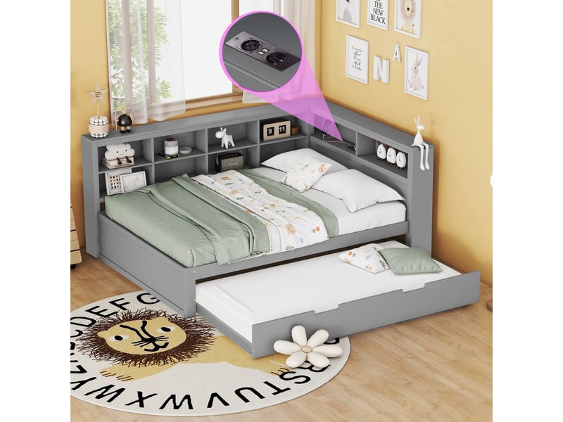  Canapé-lit en bois 140*200 avec lit extractible 90*190, usb et rangements, gris, multifonctionnel  - Conforama C