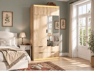 Armoire 2 porte(s) battante 4 tiroir(s) <strong>BIQZUYA</strong> <strong></strong> coloris bois clair largeur 90 cm