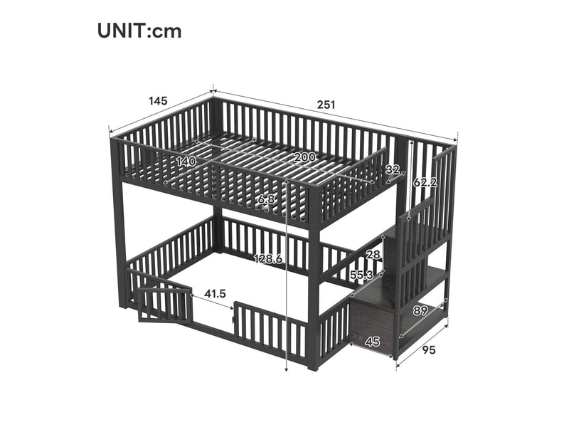  Lit superposé 140x200cm avec escalier de rangement et led - lit double - cadre en métal noir, porte et barrière de sécurité enfant  - Conforama C