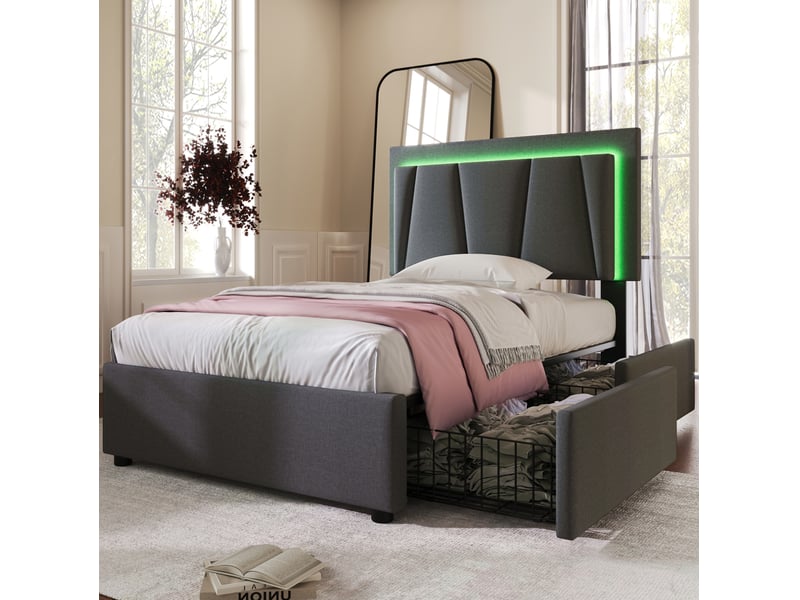 Lit enfant 90x200 cm – gris – led, tête de lit réglable, 2 tiroirs de rangement et matelas inclus - Conforama B