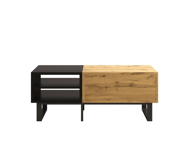  Table basse, table de salon avec structure color block, avec compartiments et tiroirs, pieds en métal.  - Conforama D