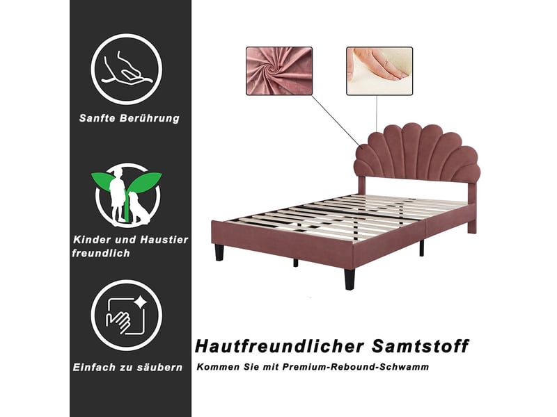  Lit double rembourré - 140x200 cm - tête de lit fleur - sommier à lattes - tissu velours doux  - Conforama E