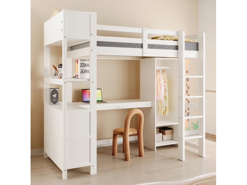  Lit mezzanine enfant 90x200 cm avec bureau et rangement coloris blanc  - Conforama E
