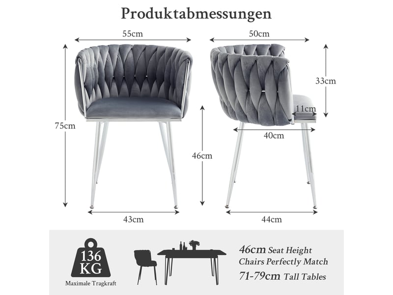 Lot de 2 chaises de salle à manger,55x48x75 cm,avec accoudoirs,tissu,gris  - Conforama C