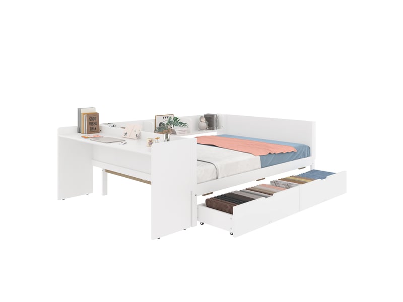 Lit enfant 140x200 cm avec 2 tiroirs, bureau, 3 étagères, sans matelas, blanc  - Conforama A