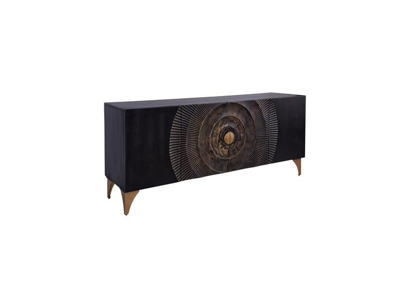  Buffet solaris 177 cm noir et doré en bois massif de manguier – 4 portes sculptées motif solaire  - Conforama A