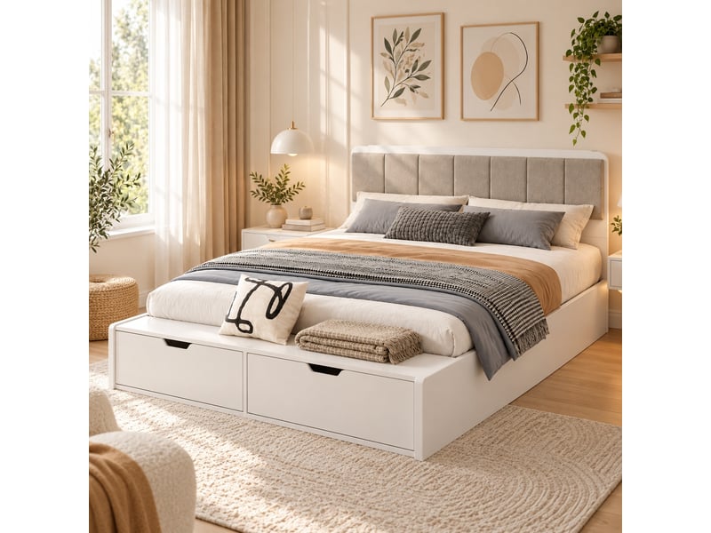  Lit jeune lit 140x200 cm lit capitonné avec 2 tiroirs de rangement lit enfant à lattes en bois lit double blanc  - Conforama B
