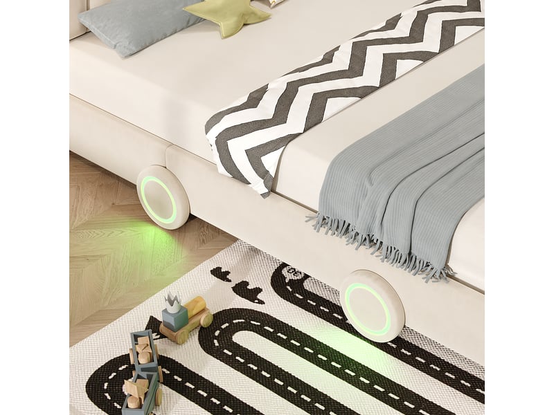  Lit voiture enfant rembourré 140x200cm, tête de lit réglable sur 2 hauteurs, dossier épais style siège auto et roues led, velours beige evarich - Conforama D
