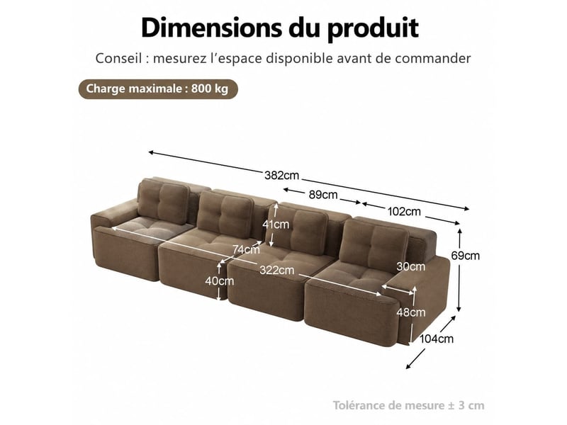 Canapé modulable 4 places effet nuage, assise généreusement rembourrée et base antidérapante, 69 × 382 × 177 cm, marron - Conforama C