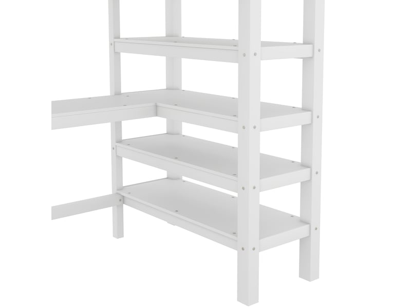  Lit mezzanine enfant 90x200 cm avec bureau intégré, étagères et garde-corps sécurisés, pin et mdf, blanc, sans matelas  - Conforama E