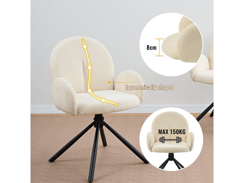  Lot de 2 chaises pivotantes de salle à manger avec accoudoirs assise rembourrée aspect velours piètement métal blanc crème  - Conforama D