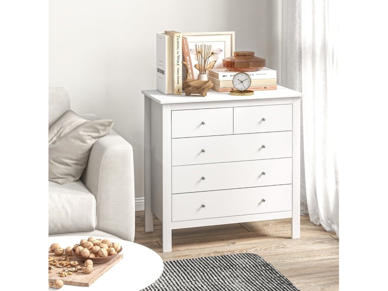  Commode 79 x 39,5 x 80,5 cm blanche en bois, 2 petits tiroirs et 3 grands tiroirs, rangement salon  - Conforama D