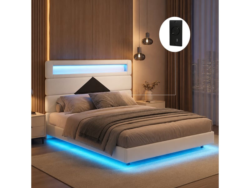 Lit double 140x190 cm avec lumières led, lit flottant rembourré, tête de lit avec fonction chargement usb, tissu en velours, blanc - Conforama E