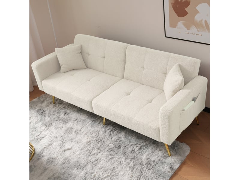  Canapé-lit 175x64x72cm, tissu sherpa blanc, clic clac, canapé droit convertible avec coussins et poches latérales  - Conforama E