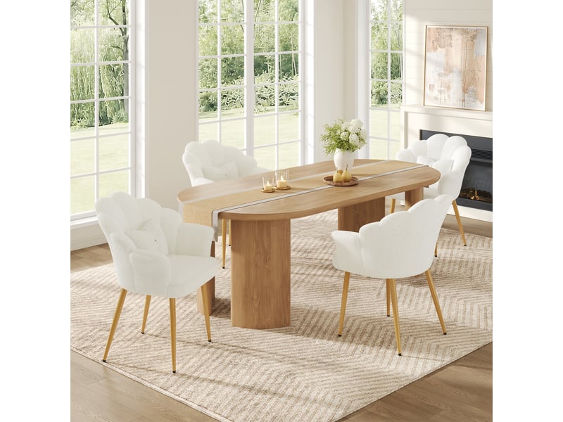  Fauteuil lot de 4 avec accoudoirs, coussins floraux et pieds métalliques en teddy blanc, 64×65,5×85 cm  - Conforama C