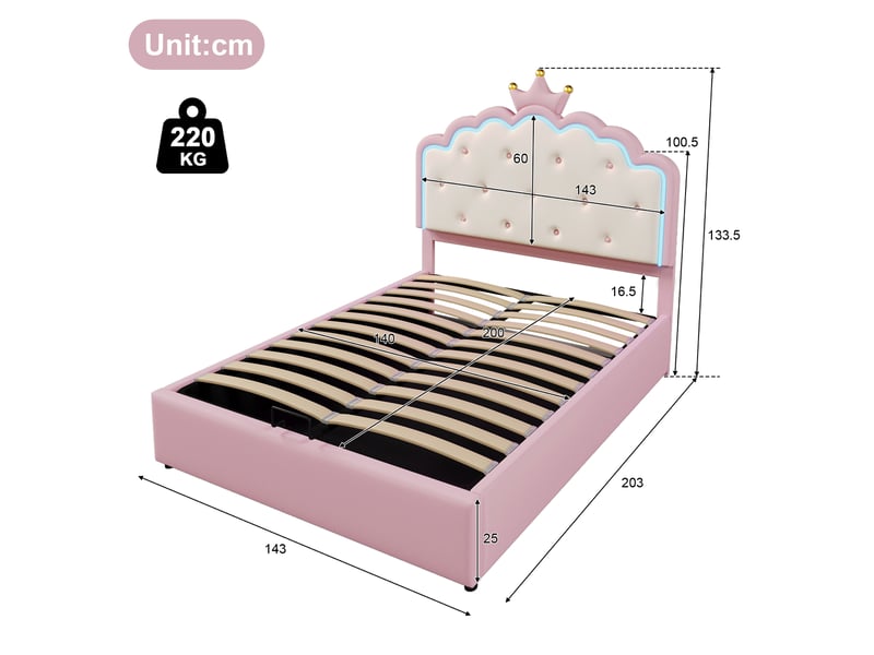  Lit enfant 140x200cm,lit coffre pour filles en pu avec lumière led,en forme de couronne,rose lit enfant rose - Conforama C