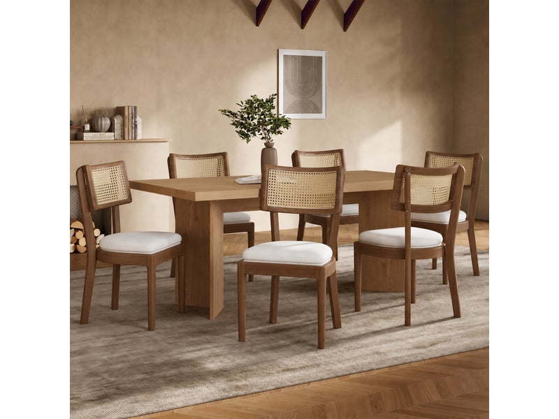  Lot de 6 chaises de salle à manger 50x58x88 cm avec dossier en rotin, bois massif, noyer et beige  - Conforama B